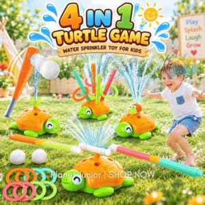 🐢 4-in-1 Turtle Water Sprinkler Toy for Kids – 360° Jump Spinning Bar | Ring Toss | Water Sprinkler | Water Baseball