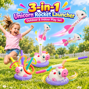 🦄 3-in-1 Unicorn Exercise Game – Rocket Launcher | Jumping Game | Ring Toss