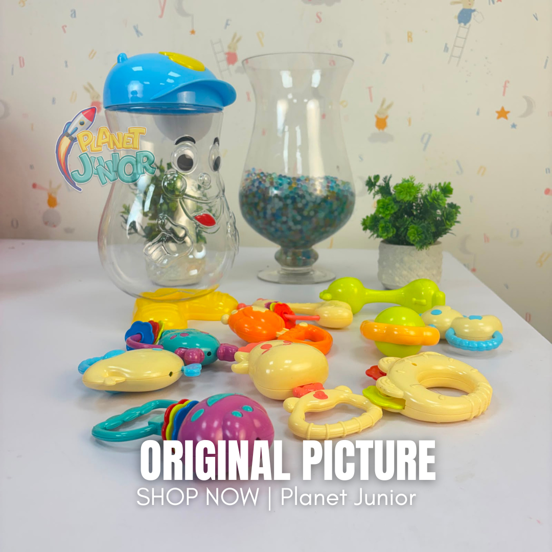 Colorful Baby Rattle & Teether Toy Set with Character Storage Container - Image 3