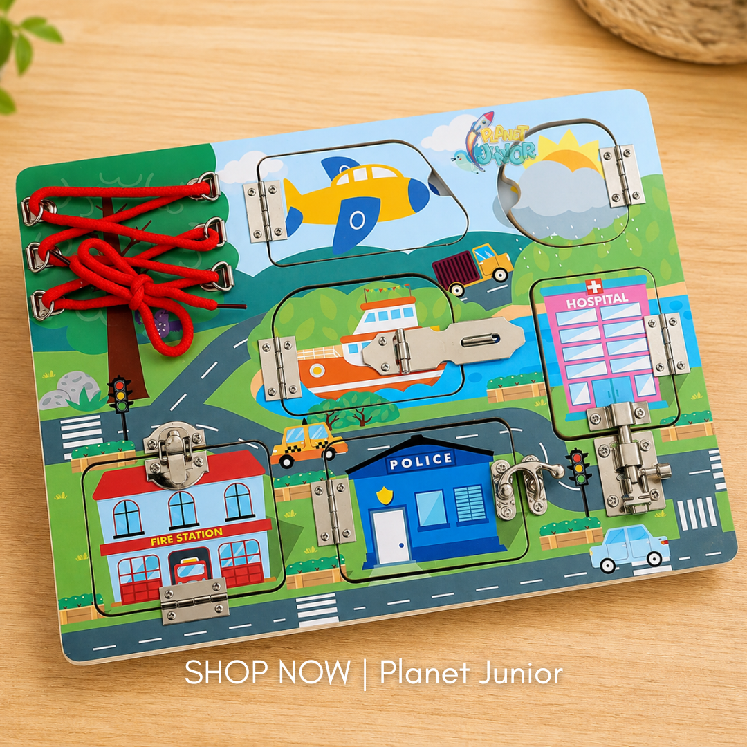 Wooden Transportation Busy Board with Locks, Latches & Lacing Activities - Image 3