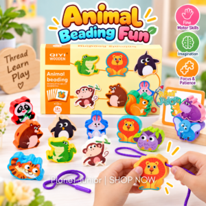 12 PCS Wooden Animal Beading Set Toy – Montessori Threading & Matching Activity