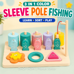 3-in-1 Wooden Fishing, Stacking & Shape Matching Activity Board for Kids
