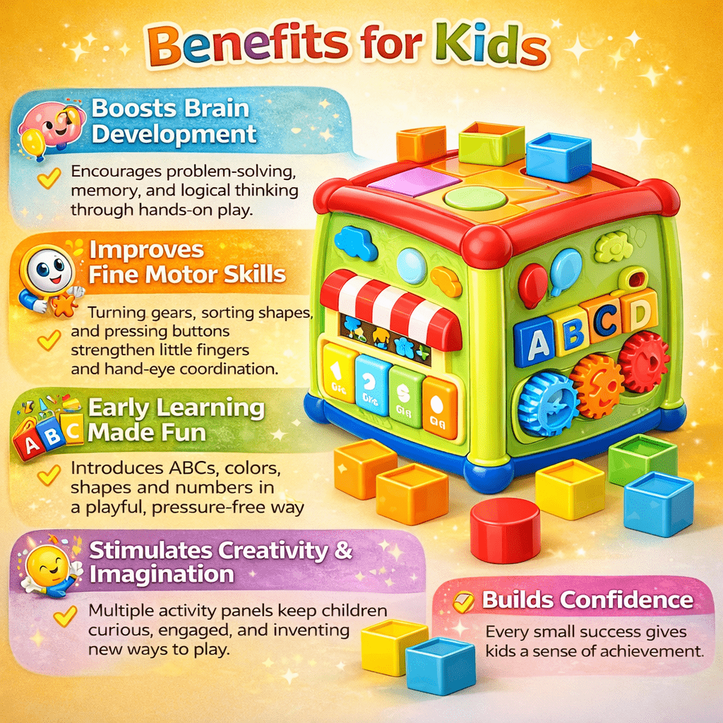 Huanger Smart Learning Activity Cube for Kids – Multi-Function Educational Play Cube with Shape Sorter, ABC Blocks & Gears - Image 4
