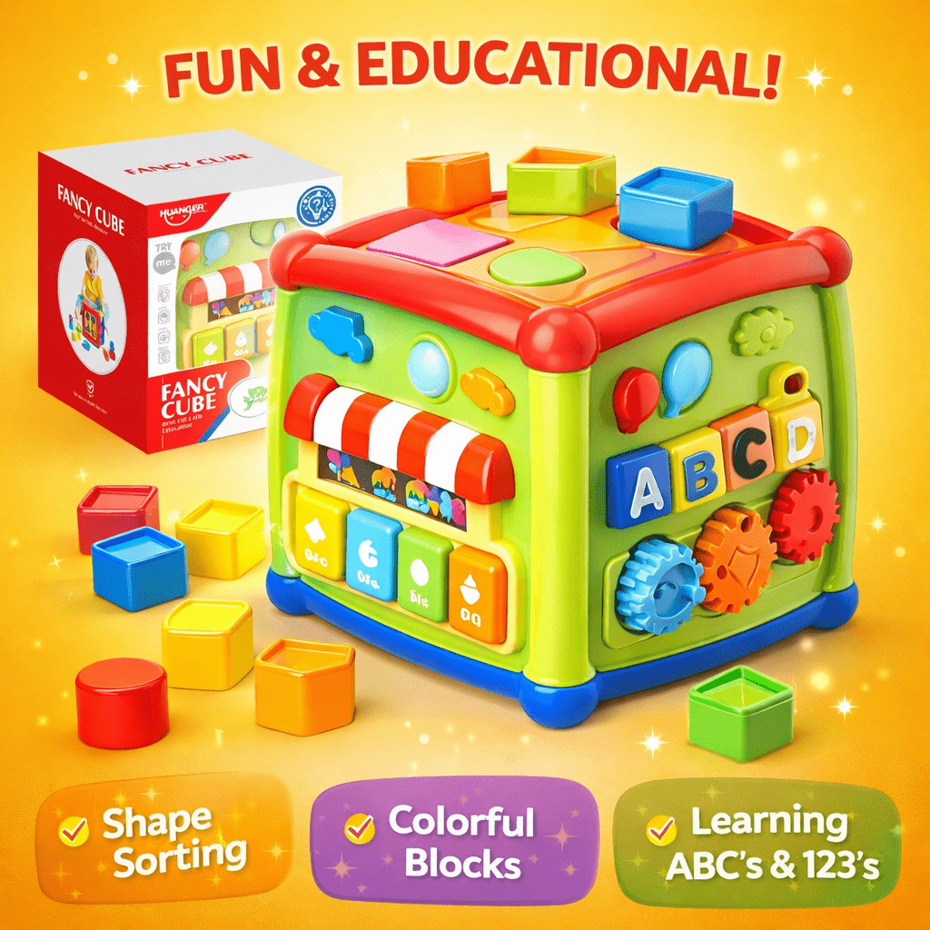 Huanger Smart Learning Activity Cube for Kids – Multi-Function Educational Play Cube with Shape Sorter, ABC Blocks & Gears - Image 5